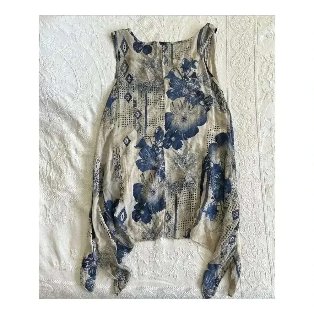 Lagenlook Bella Amore Italy Tunic Top Blue Beige Floral Hankie Hem Layering Sz S - Picture 9 of 10